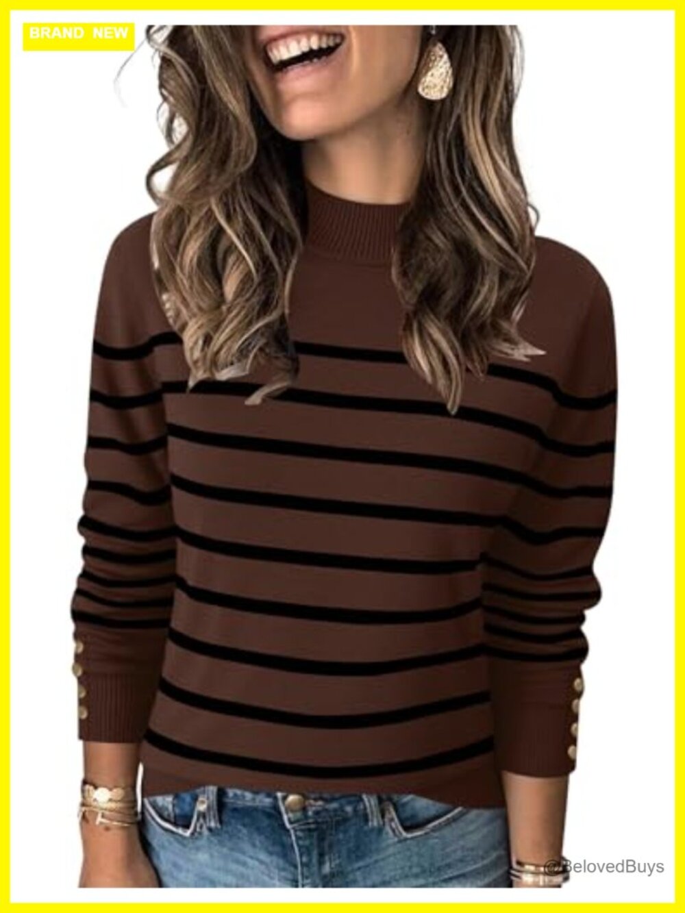 Mock Neck Womens Knit Pullover Sweater Button Cuff Fall Layering Top